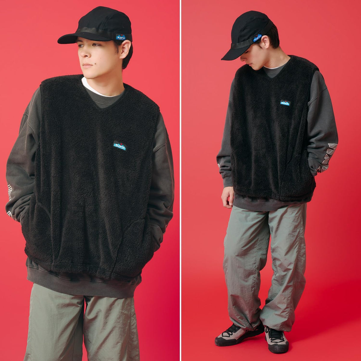 KAVU 長毛絨背心 黑色 細節/展示